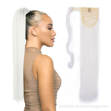 Factory wholesale synthetic 26" 66cm wrap around ponytail pony tails straight instant wrap extensions yaki ponytail hair